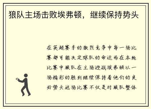 狼队主场击败埃弗顿，继续保持势头