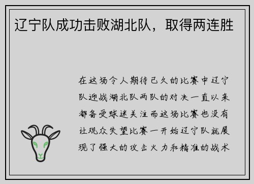 辽宁队成功击败湖北队，取得两连胜