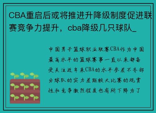 CBA重启后或将推进升降级制度促进联赛竞争力提升，cba降级几只球队_