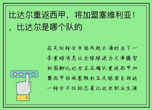 比达尔重返西甲，将加盟塞维利亚！，比达尔是哪个队的