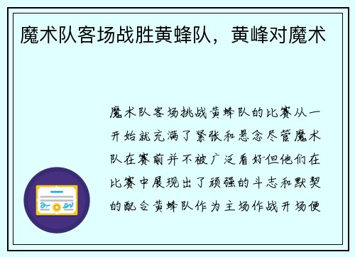 魔术队客场战胜黄蜂队，黄峰对魔术