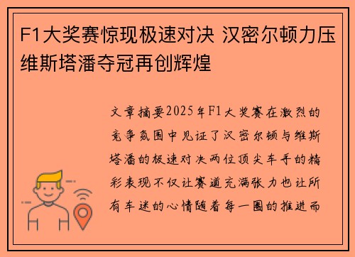 F1大奖赛惊现极速对决 汉密尔顿力压维斯塔潘夺冠再创辉煌 F1大奖赛惊现极速对决 汉密尔顿力压维斯塔潘夺冠再创辉煌
