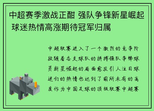 中超赛季激战正酣 强队争锋新星崛起 球迷热情高涨期待冠军归属